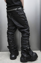 SSIN7 Double Waist Waxed Zip Flared Jeans