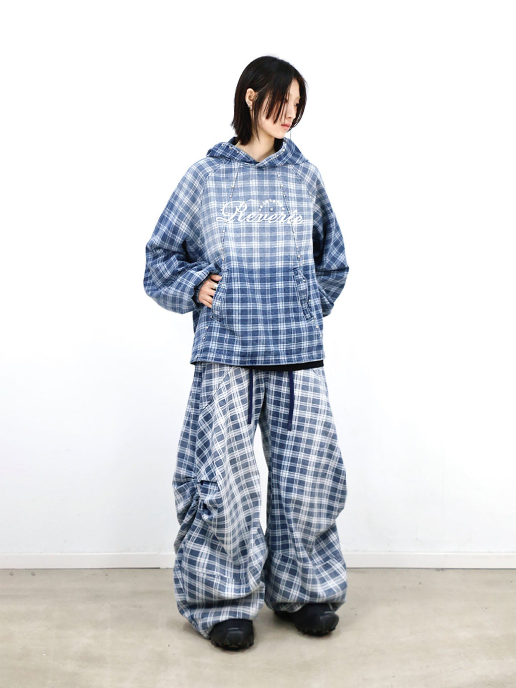 RELABEL Plaid Rivet Paneled Faded Hoodie