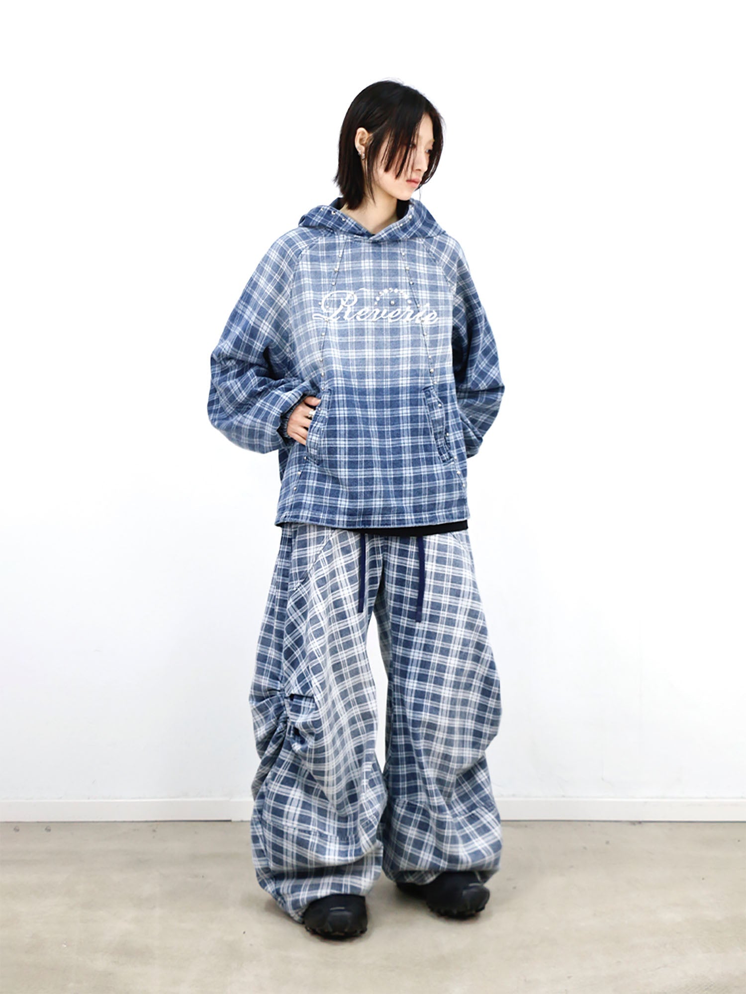 RELABEL Plaid Rivet Paneled Faded Hoodie
