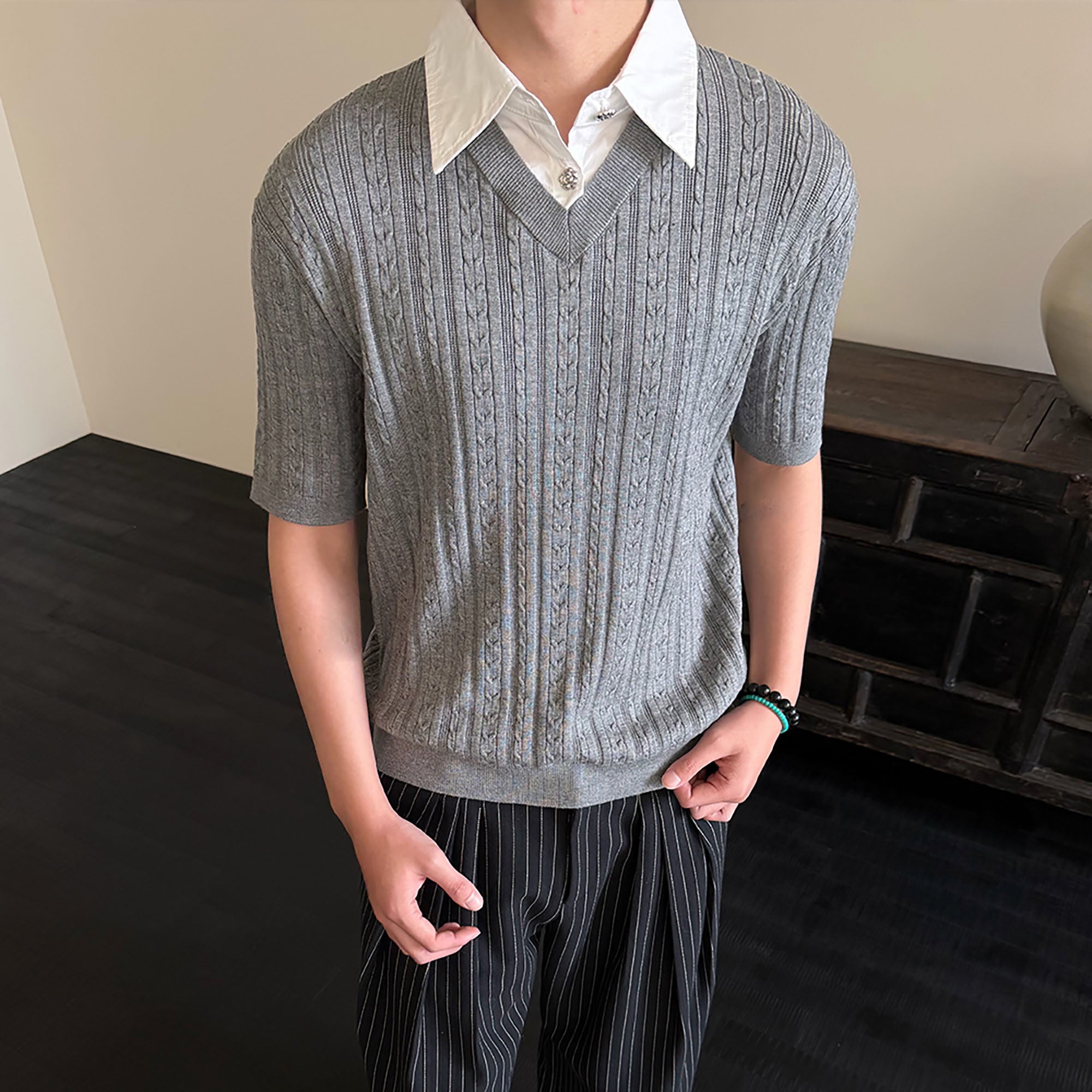 KREATE Faux Layered Cable-Knit Half Shirt