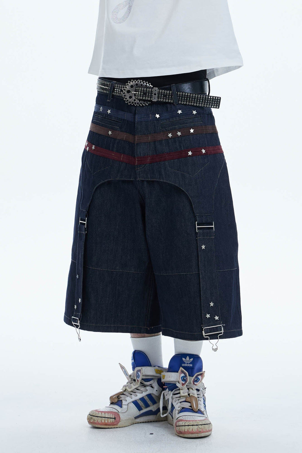 DND4DES Star-Rivet Harness-Layered Denim Shorts