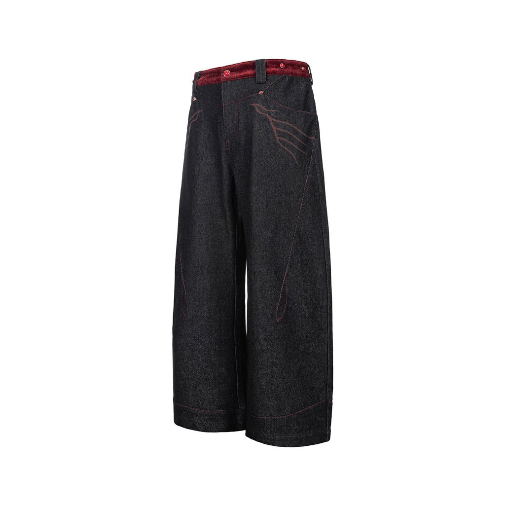 ESAIAS Vermilion Stitch Red Turquoise Curved Denim Pants