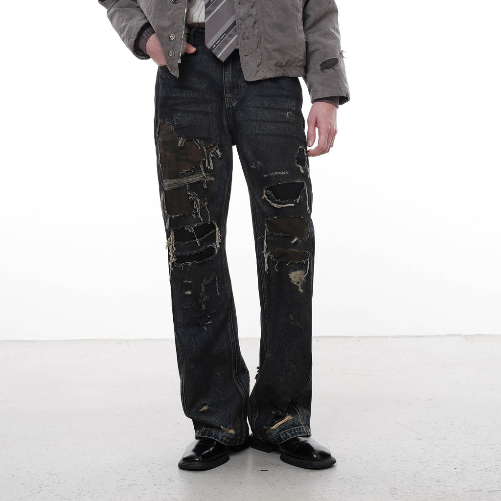 FACEONLAB Distressed Heavy Ripped Flared Jeans