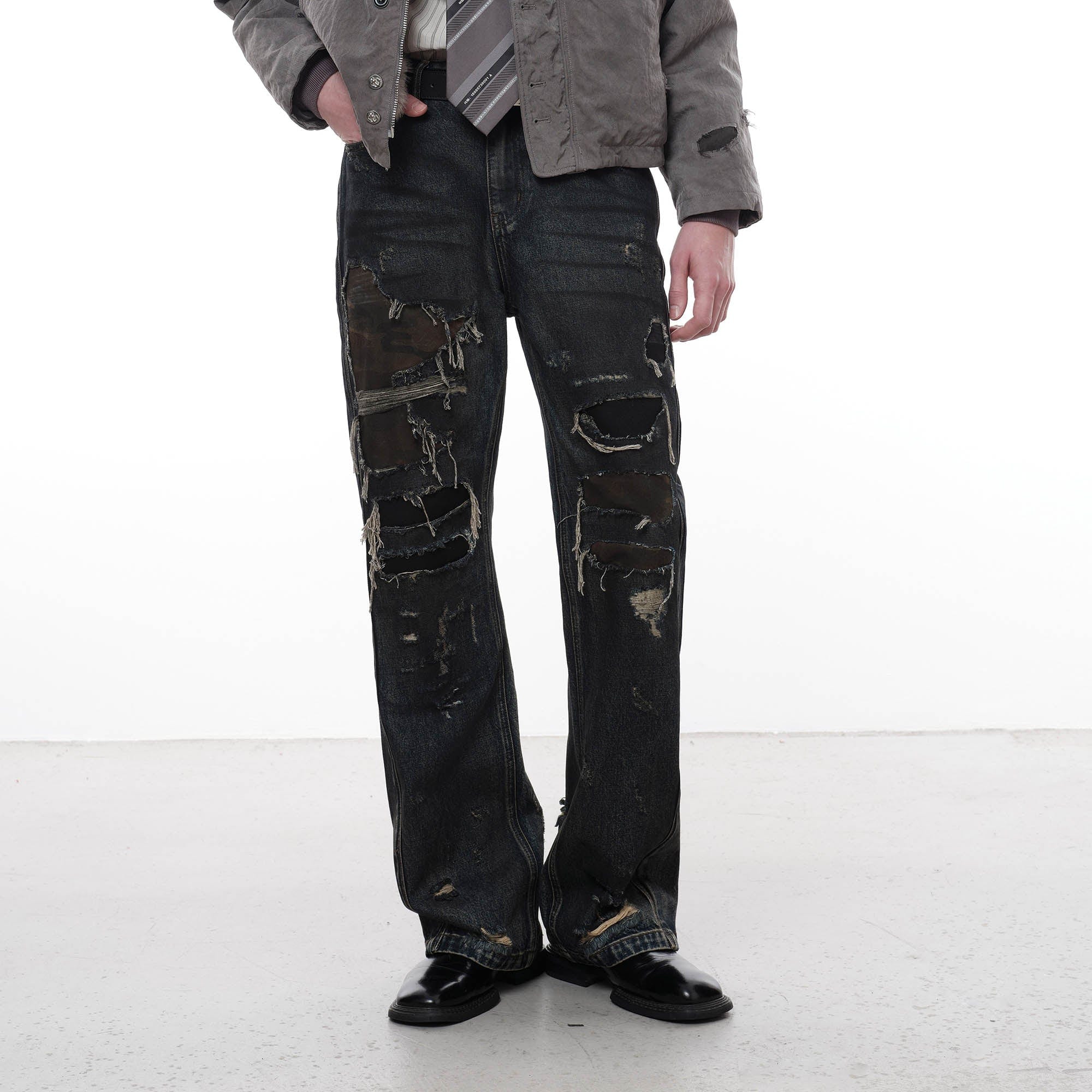 FACEONLAB Distressed Heavy Ripped Flared Jeans
