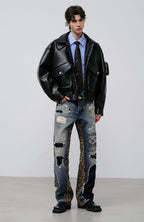 FACEONLAB Leopard Panel Distressed Straight-Leg Jeans