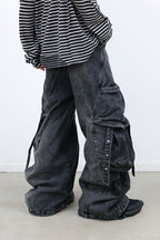 RELABEL Washed Paneled Strap Oversized Cargo Jeans Black