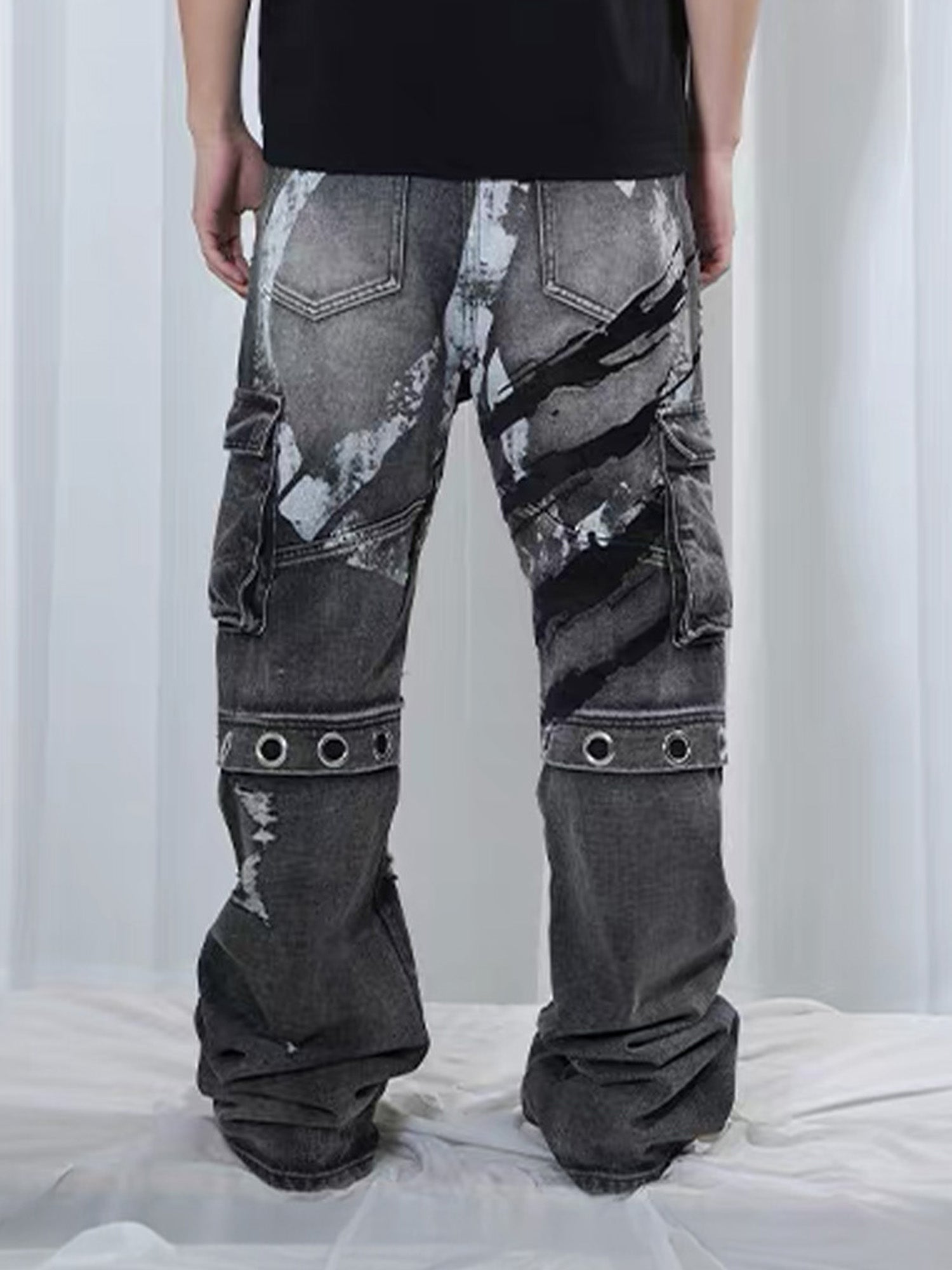VINKID Distressed Grommet Strap Flared Jeans