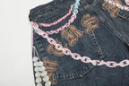 CLP Beaded Chain Graphics Wide-Leg Denim Shorts