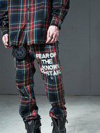 VENTUREK Distressed Zippered-Hem Slogan Slim Plaid Pants
