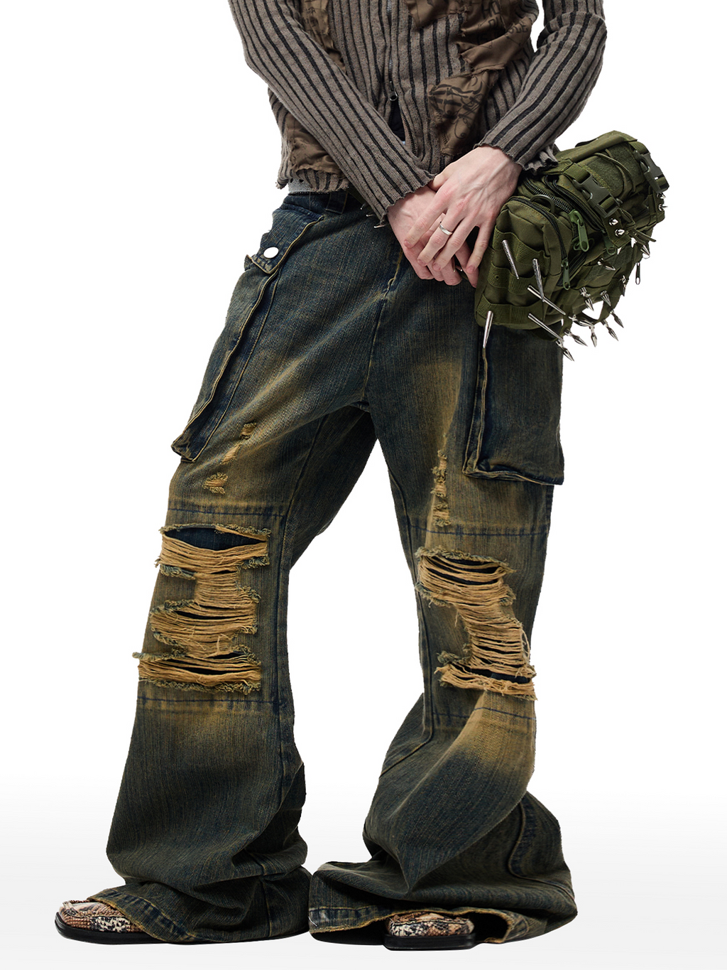 CYCYCY Distressed Big-Pocket Flared Jeans