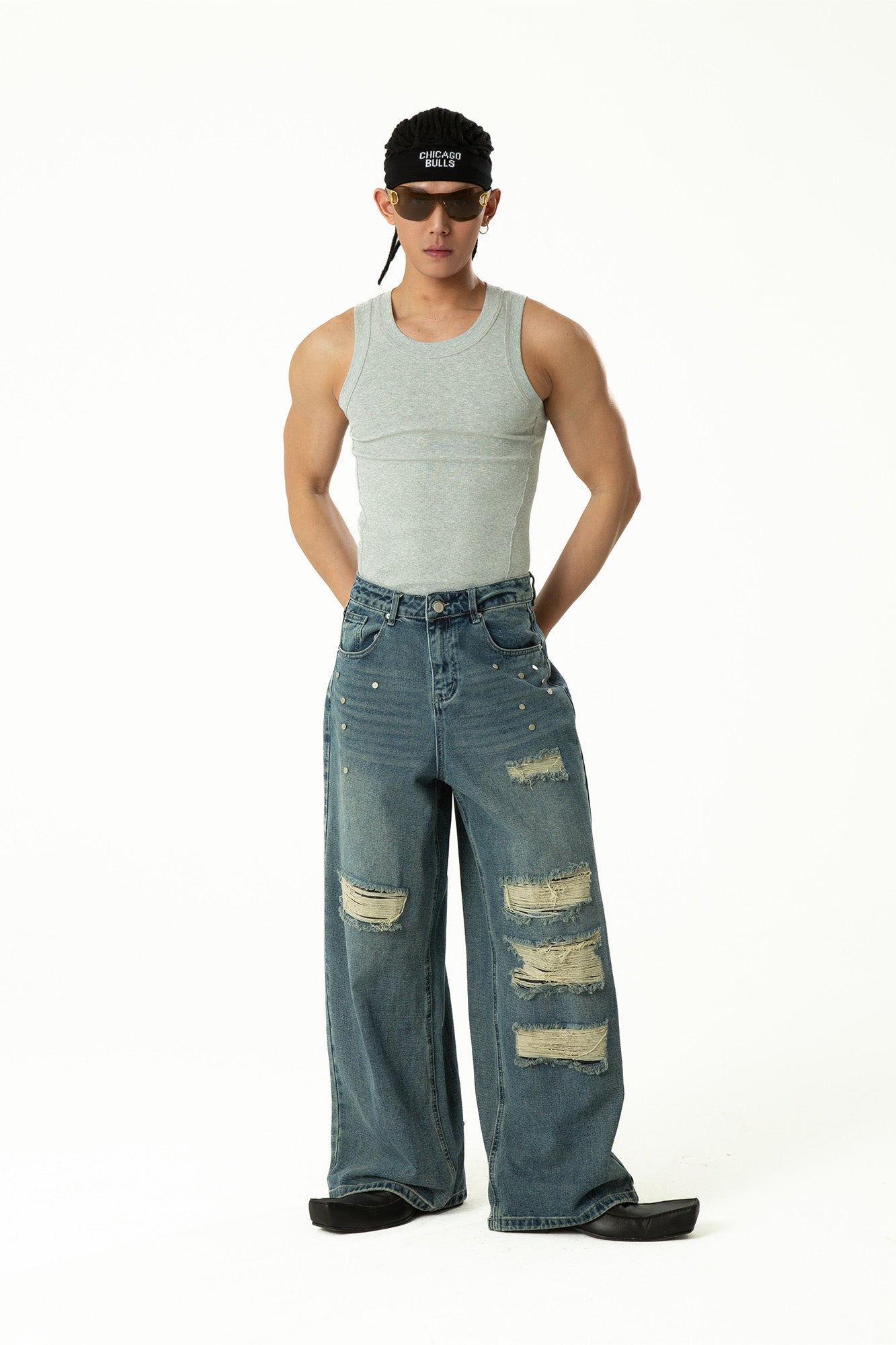 CLP Retro Washed Distressed Rivet Jeans