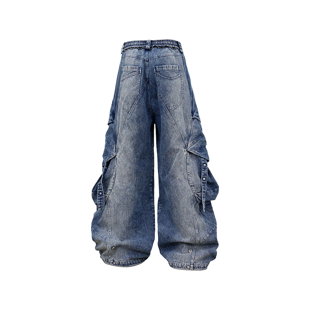 RELABEL Washed Paneled Strap Oversized Cargo Jeans Blue
