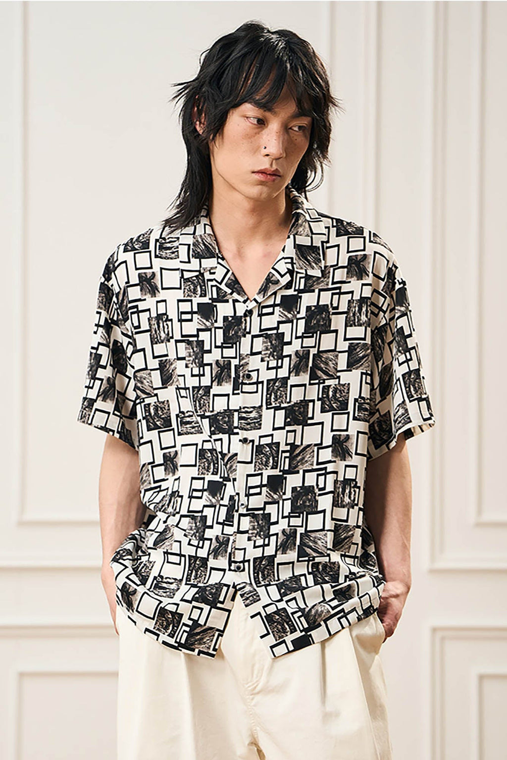 EPIC POETRY Monochrome Collage Grid Cuban Half Shirt