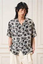 EPIC POETRY Monochrome Collage Grid Cuban Half Shirt