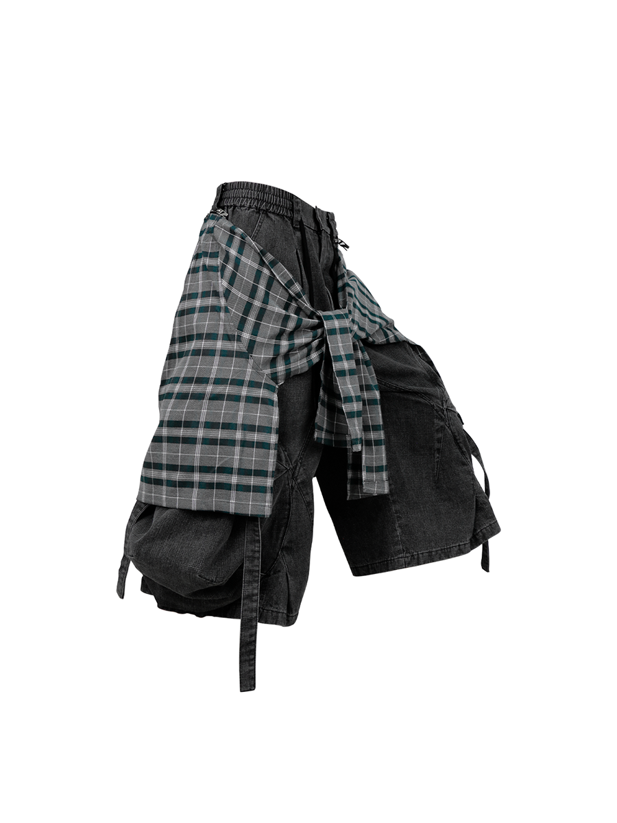 RELABEL Detachable Plaid Drape Oversized Denim Shorts