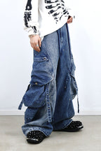 RELABEL Washed Paneled Strap Oversized Cargo Jeans Blue