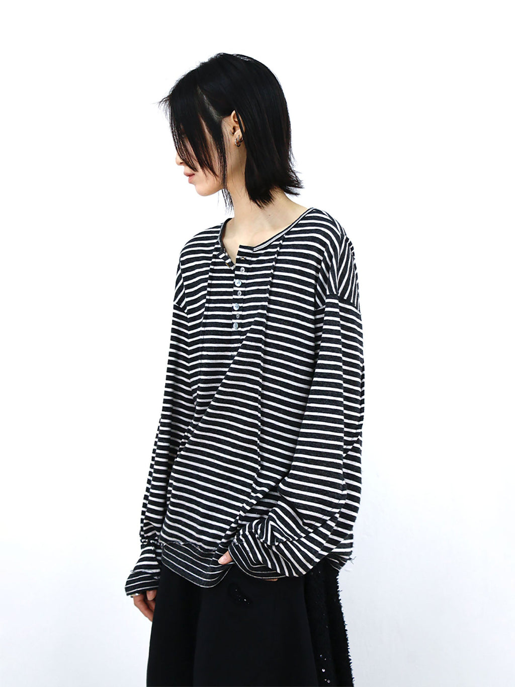 RELABEL Striped Pleated Henley Long-Sleeve Tee