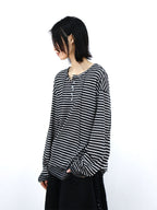 RELABEL Striped Pleated Henley Long-Sleeve Tee