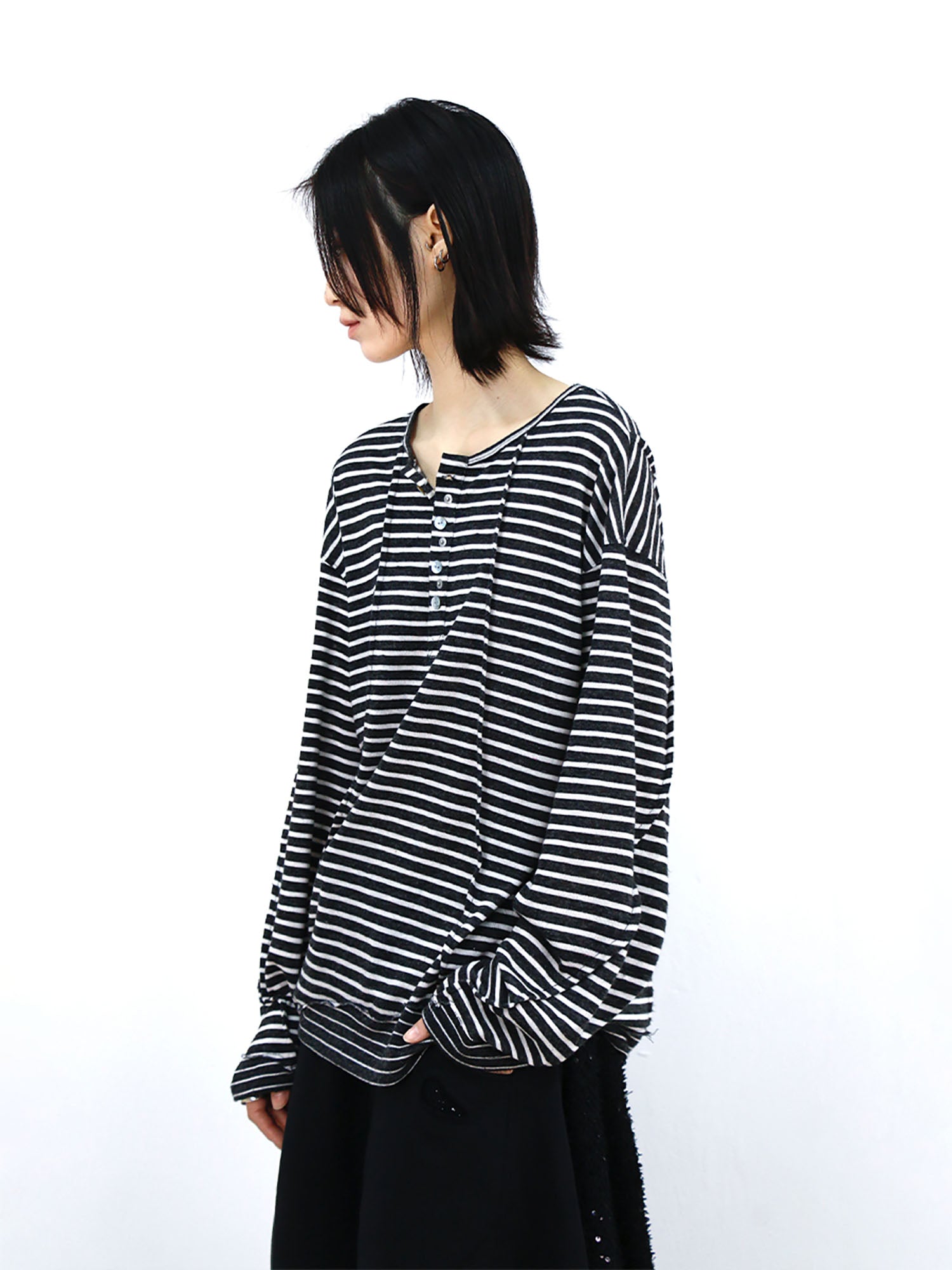 RELABEL Striped Pleated Henley Long-Sleeve Tee