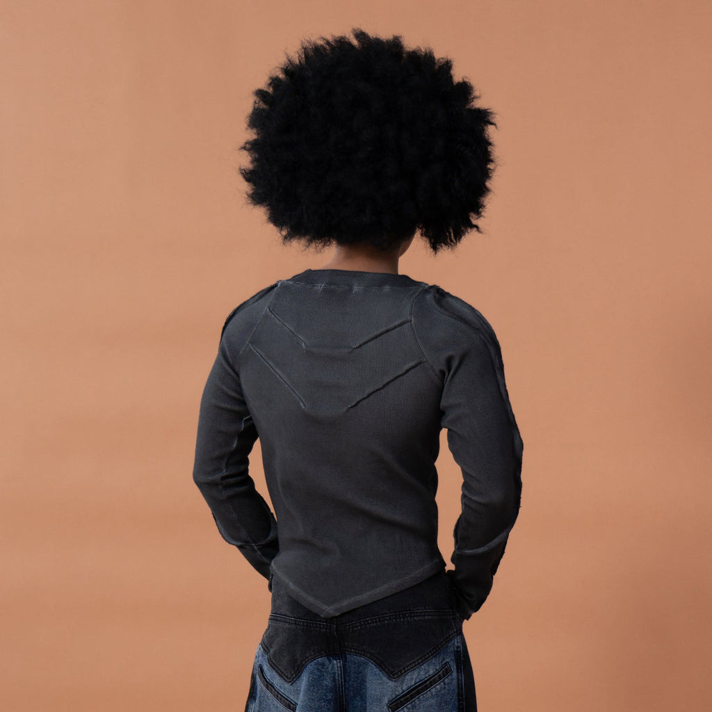 CLP Distressed Raw-Seam Paneled Long-Sleeve Tee