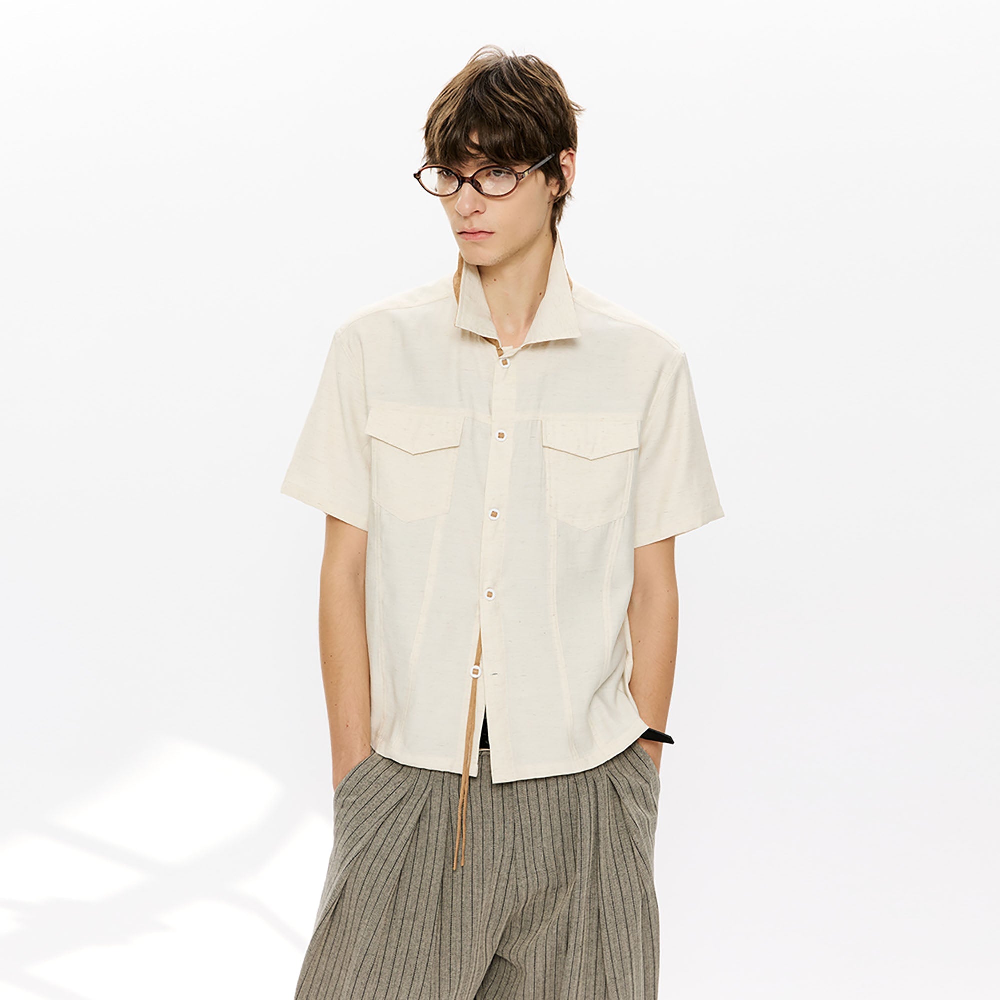 KREATE Contrast Collar Linen Half Shirt