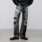 FACEONLAB Leopard Panel Distressed Straight-Leg Jeans