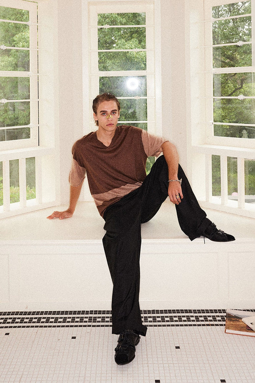 RICHILL Contrast Wool-Blended V-Neck T-Shirt