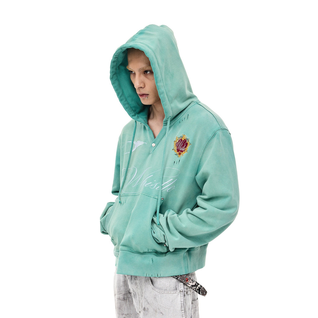 WHISTLEHUNTER Distressed Embroidered V-Neck Hoodie