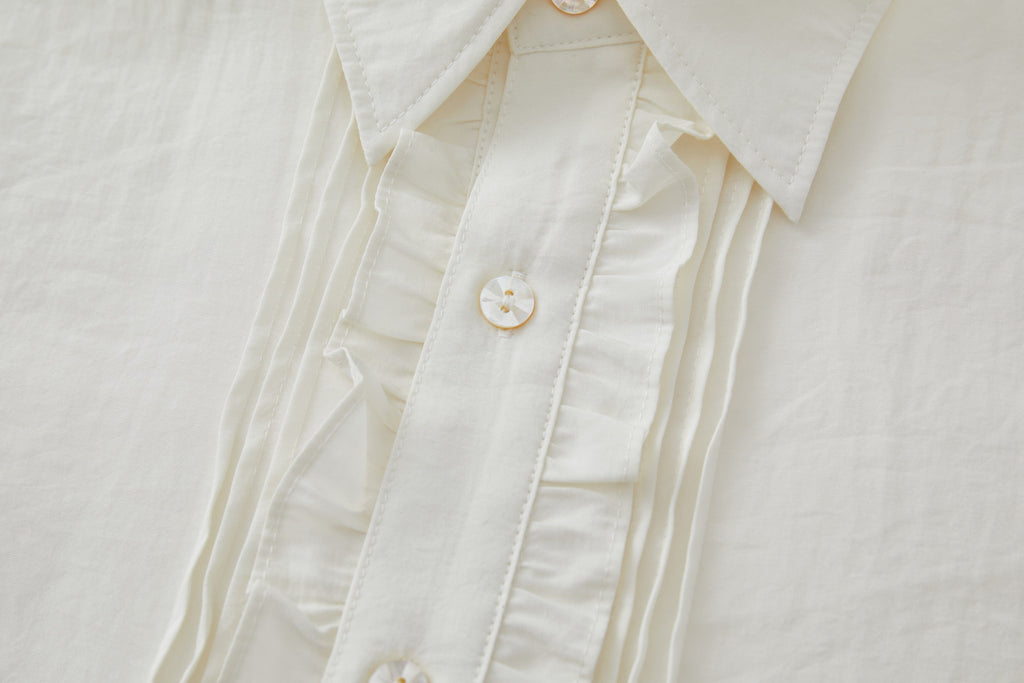 OPICLOTH Retro Pintuck Ruffle Modal Blend Half Shirt