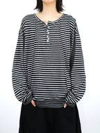 RELABEL Striped Pleated Henley Long-Sleeve Tee