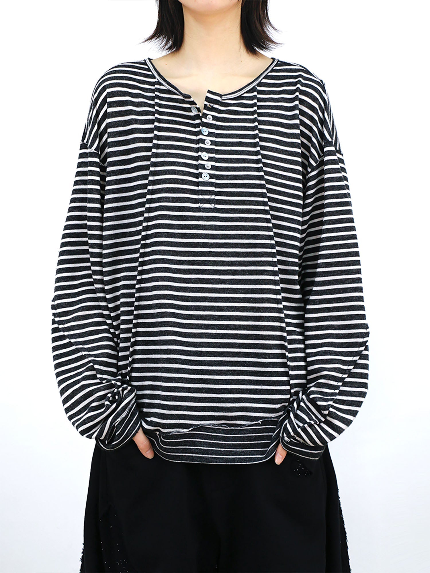 RELABEL Striped Pleated Henley Long-Sleeve Tee