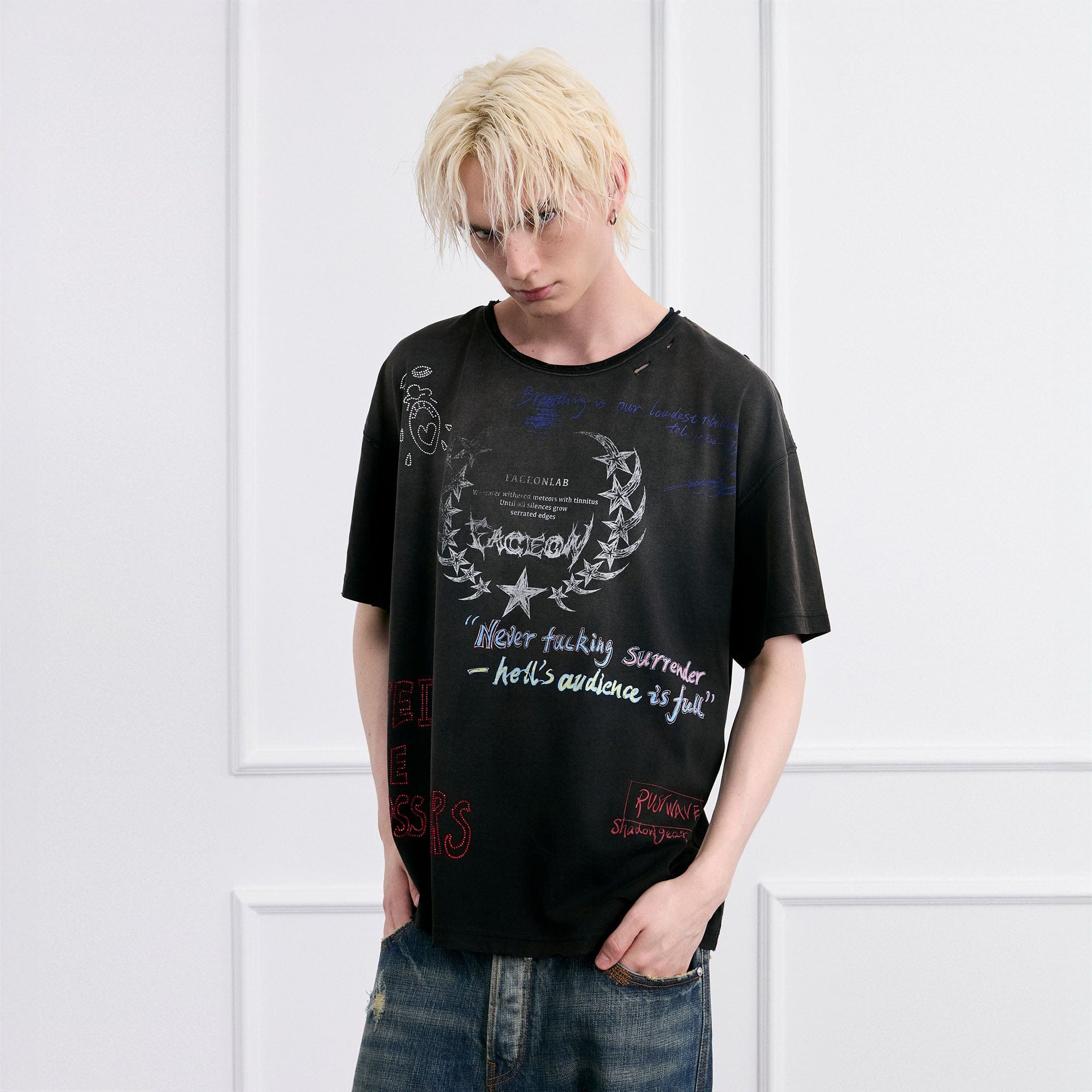 FACEONLAB Punk Graffiti Diamond Distressed T-Shirt