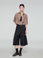 OPICLOTH Retro Woodgrain Full-Print Ruffle Half Shirt
