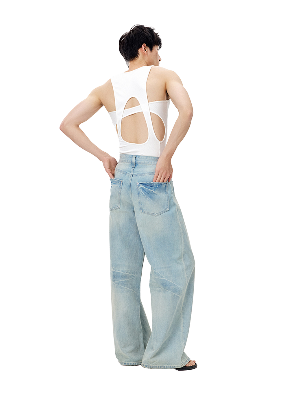 TUIMU Back Cut-Out Ribbed Tank Top White