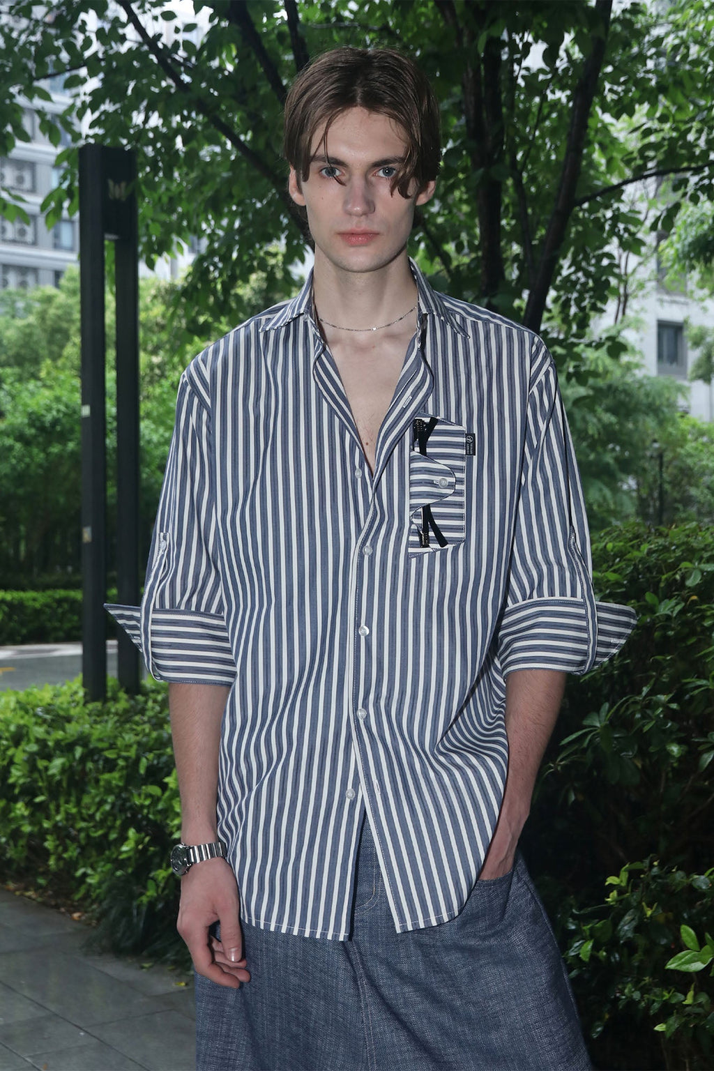 ASSEEN Striped Glasses Pocket Half Shirt Blue