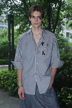 ASSEEN Striped Glasses Pocket Half Shirt Blue