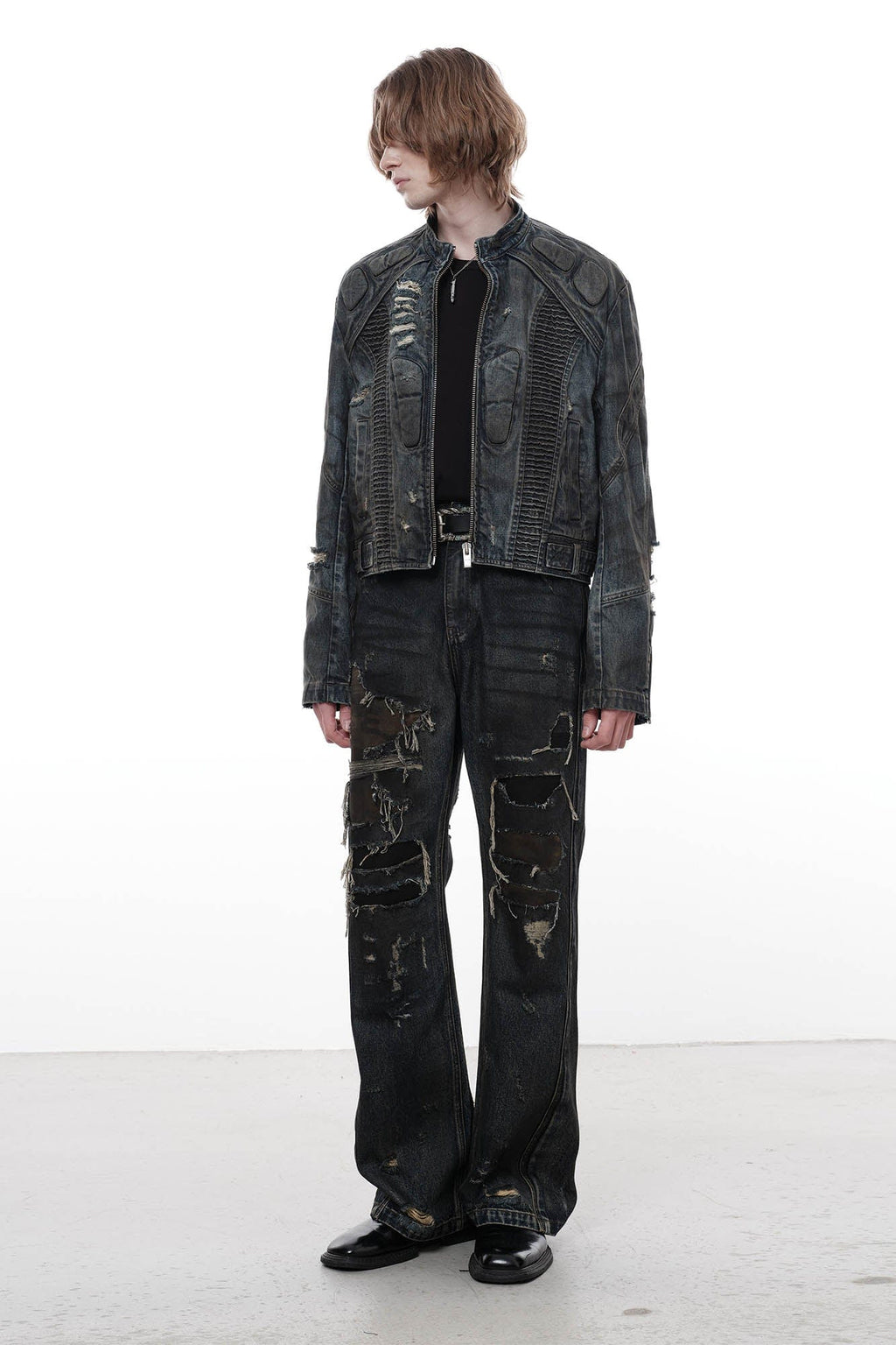 FACEONLAB Distressed Heavy Ripped Flared Jeans