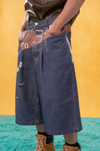 CLP Badge Belt Graphic Cropped Denim Shorts