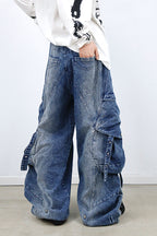 RELABEL Washed Paneled Strap Oversized Cargo Jeans Blue