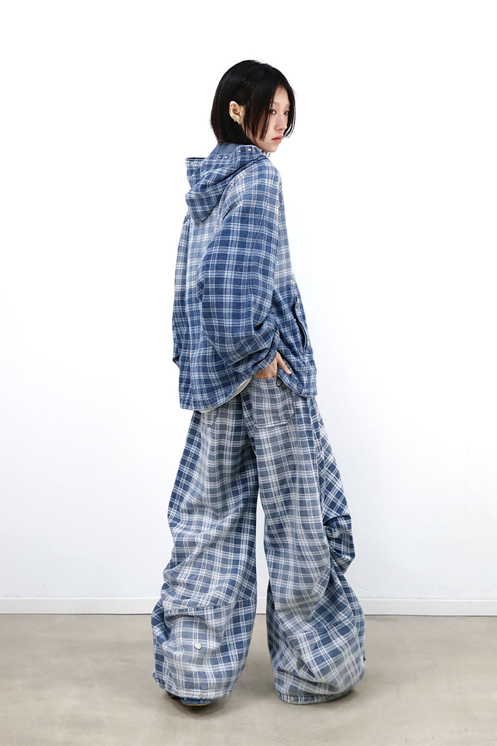 RELABEL Washed Plaid Paneled Oversized Jeans