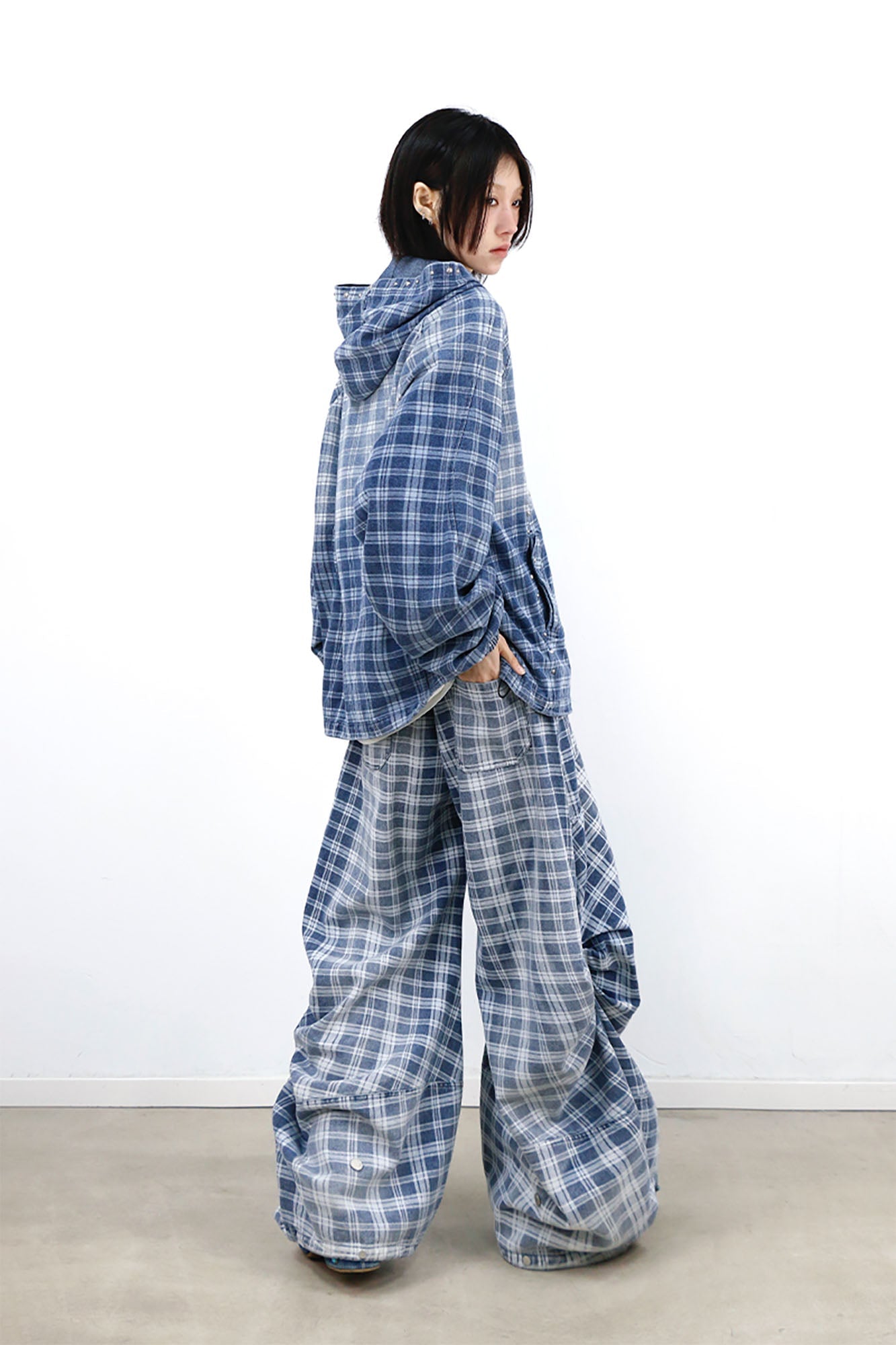 RELABEL Washed Plaid Paneled Oversized Jeans