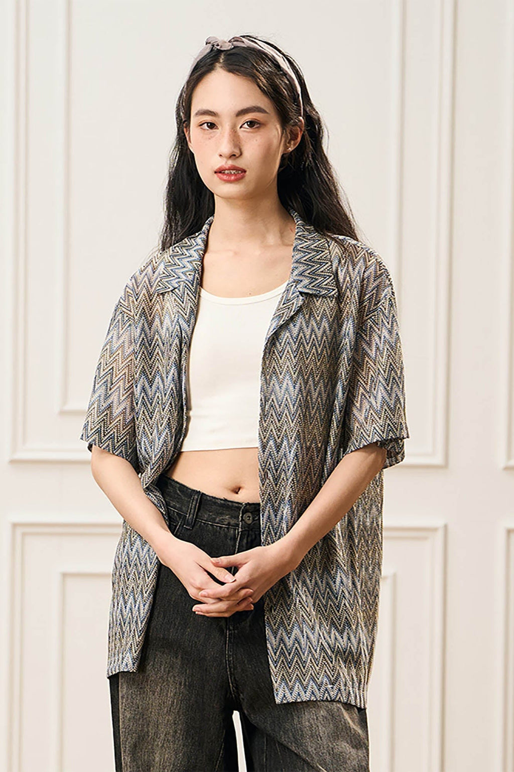 EPIC POETRY Geometric Ripple Knitted Half Shirt Sandstone