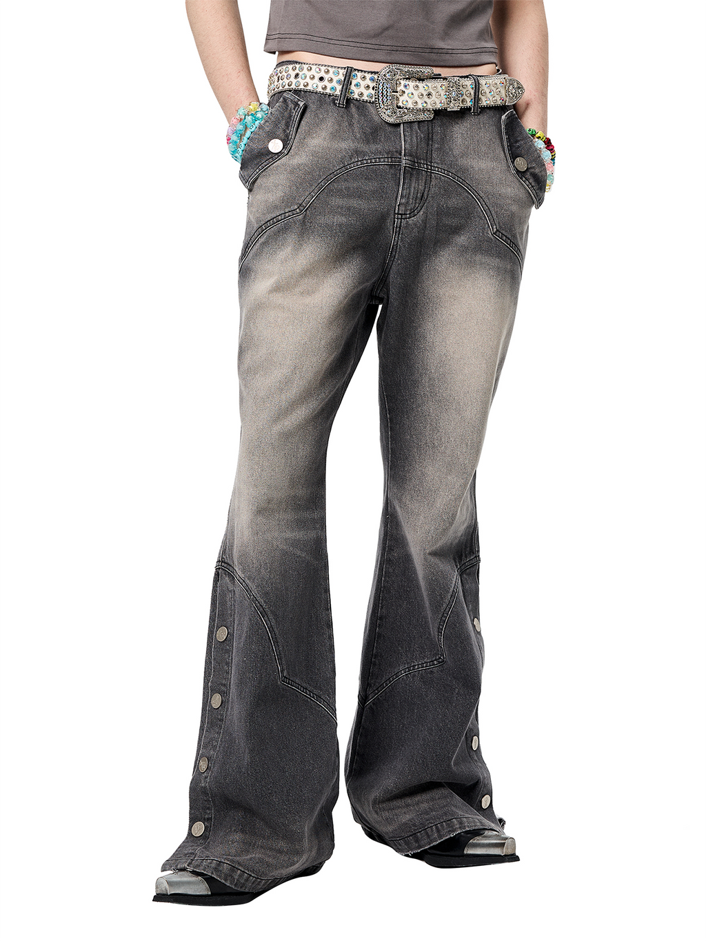 ERISSTOFF Washed Detachable Flared Jeans Gray