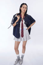 ASSEEN Flower Patchwork Stitched Raw Denim Half Shirt
