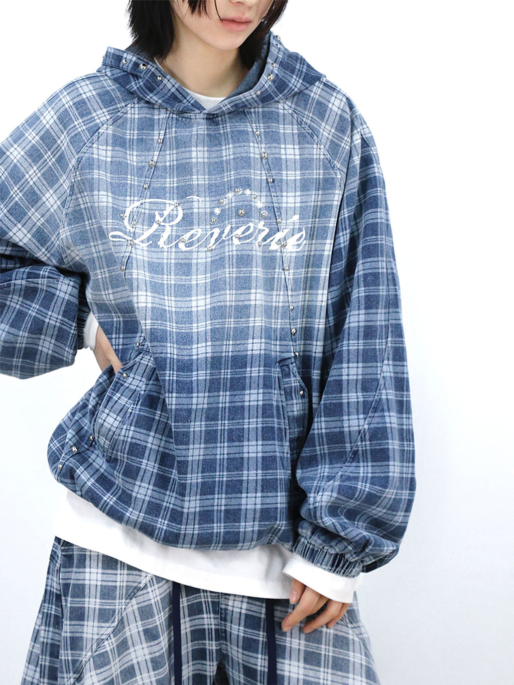 RELABEL Plaid Rivet Paneled Faded Hoodie