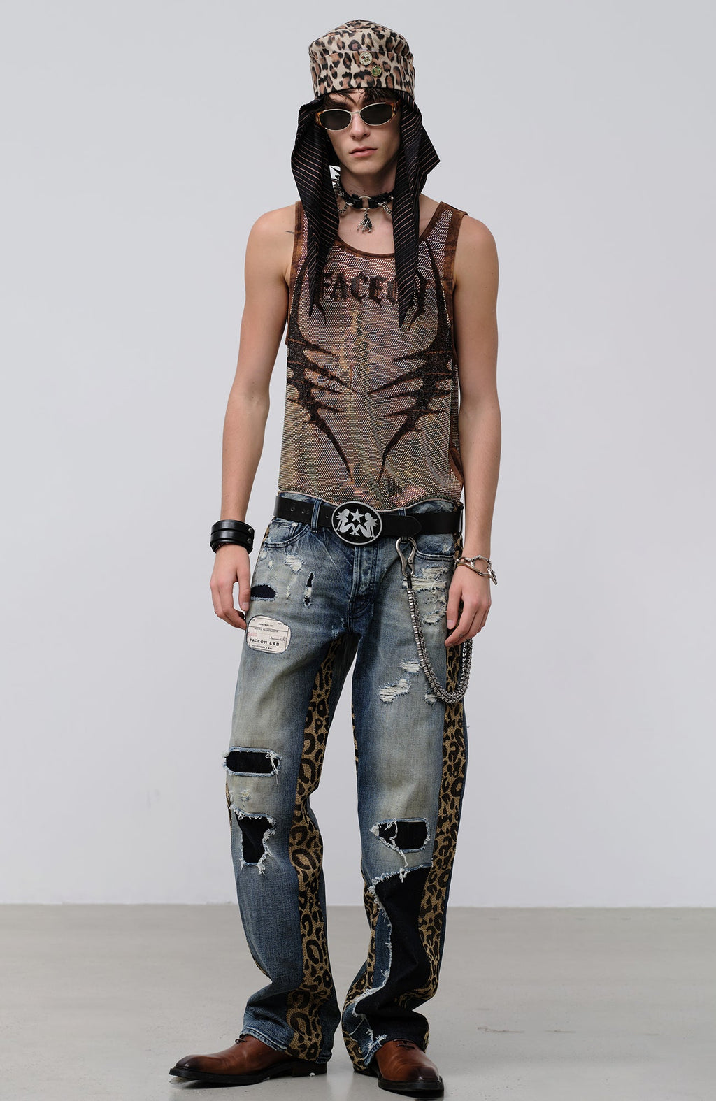 FACEONLAB Leopard Panel Distressed Straight-Leg Jeans