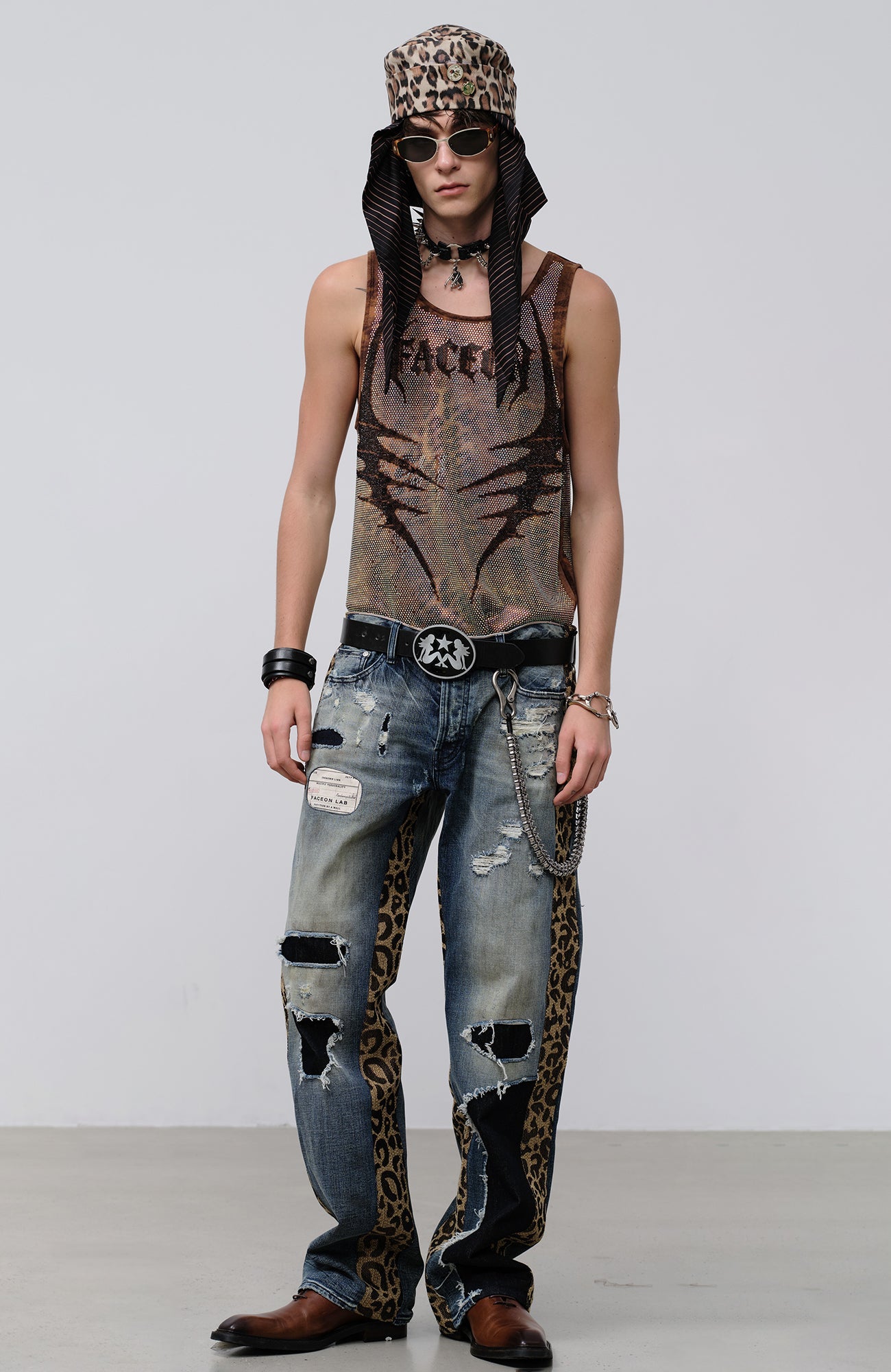 FACEONLAB Leopard Panel Distressed Straight-Leg Jeans