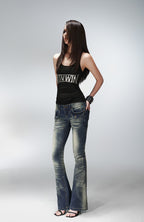 PCCVISION Washed Flap Pockets Slim Flared Jeans