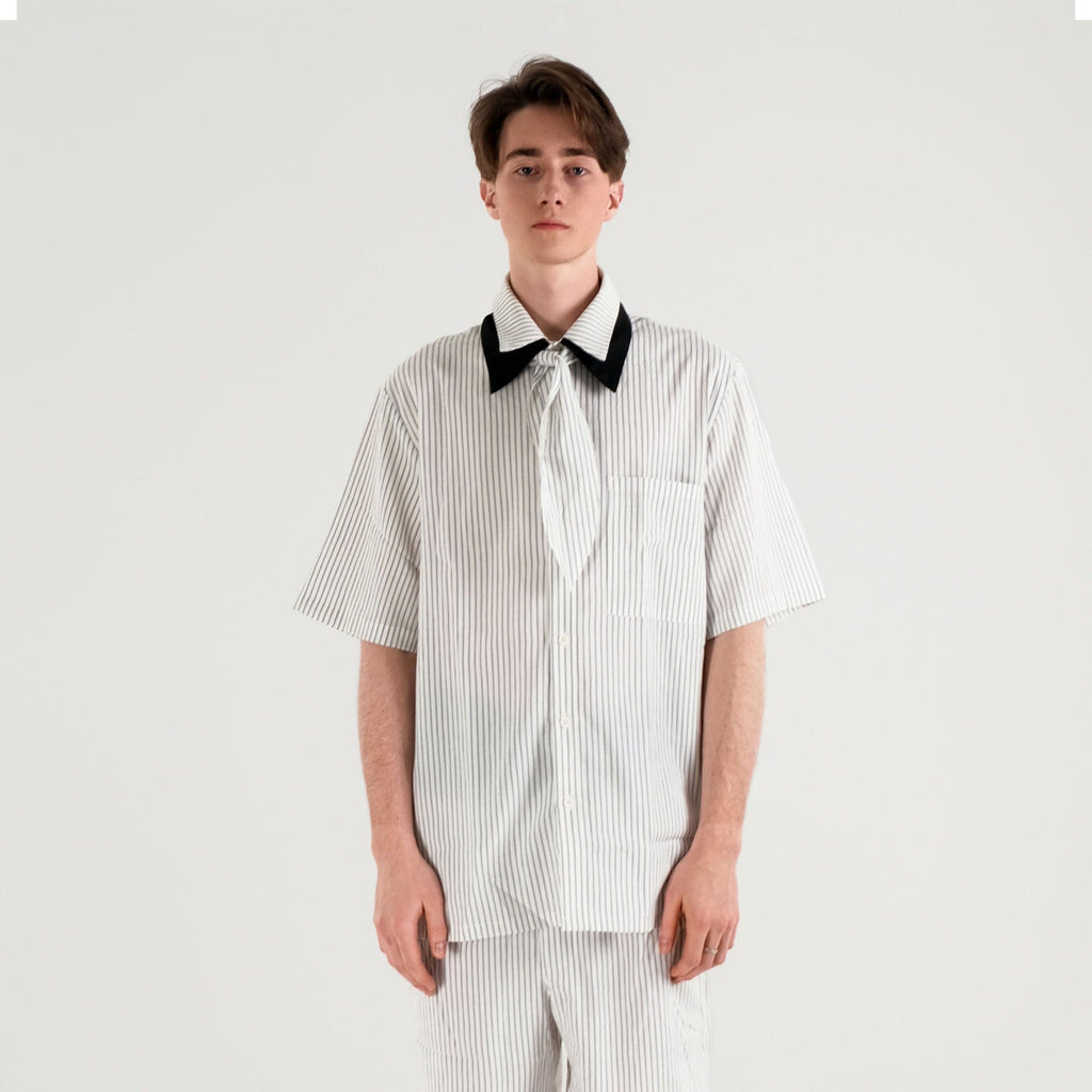WIID Striped Contrast-Collar Tie-Neck Half Shirt