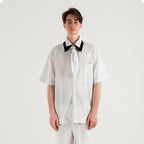 WIID Striped Contrast-Collar Tie-Neck Half Shirt